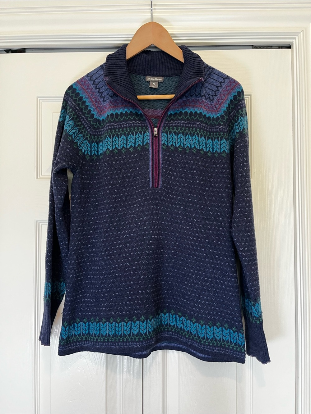 Eddie Bauer Navy Half-Zip Cozy Winter Fair Isle Ski Sweater L